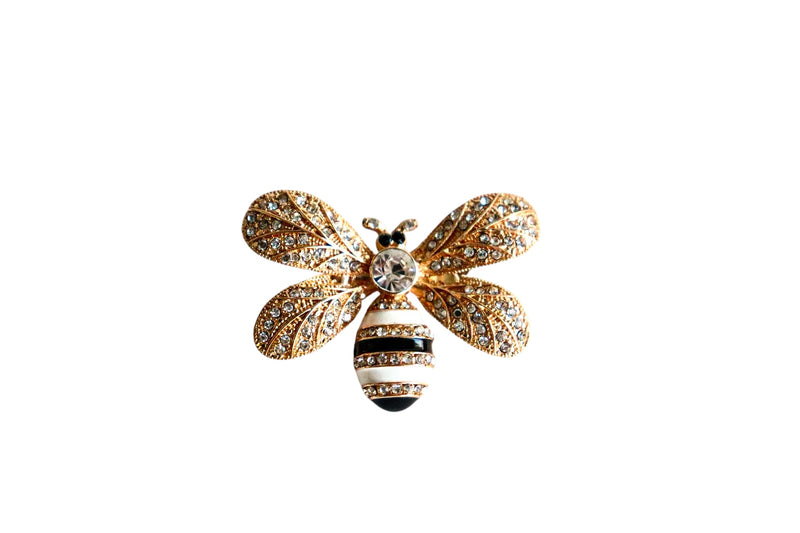 BROCHE ABELHA COM LISTRAS PRETO E BRANCO C/ STRASS - METAL DOURADO