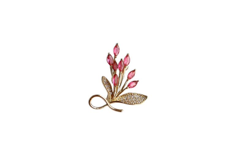 BROCHE FLOR COM STRASS ROSA - METAL DOURADO