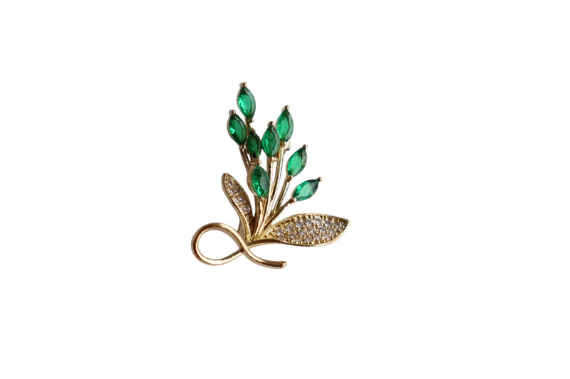 BROCHE FLOR COM STRASS VERDE - METAL DOURADO