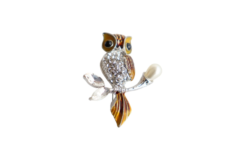 BROCHE CORUJA STRASS BRANCO - METAL PRATA