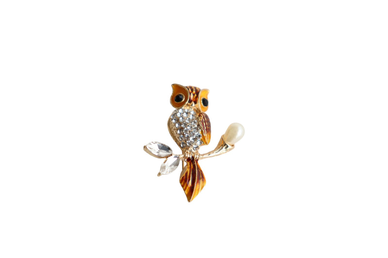 BROCHE CORUJA STRASS LARANJA - METAL DOURADO